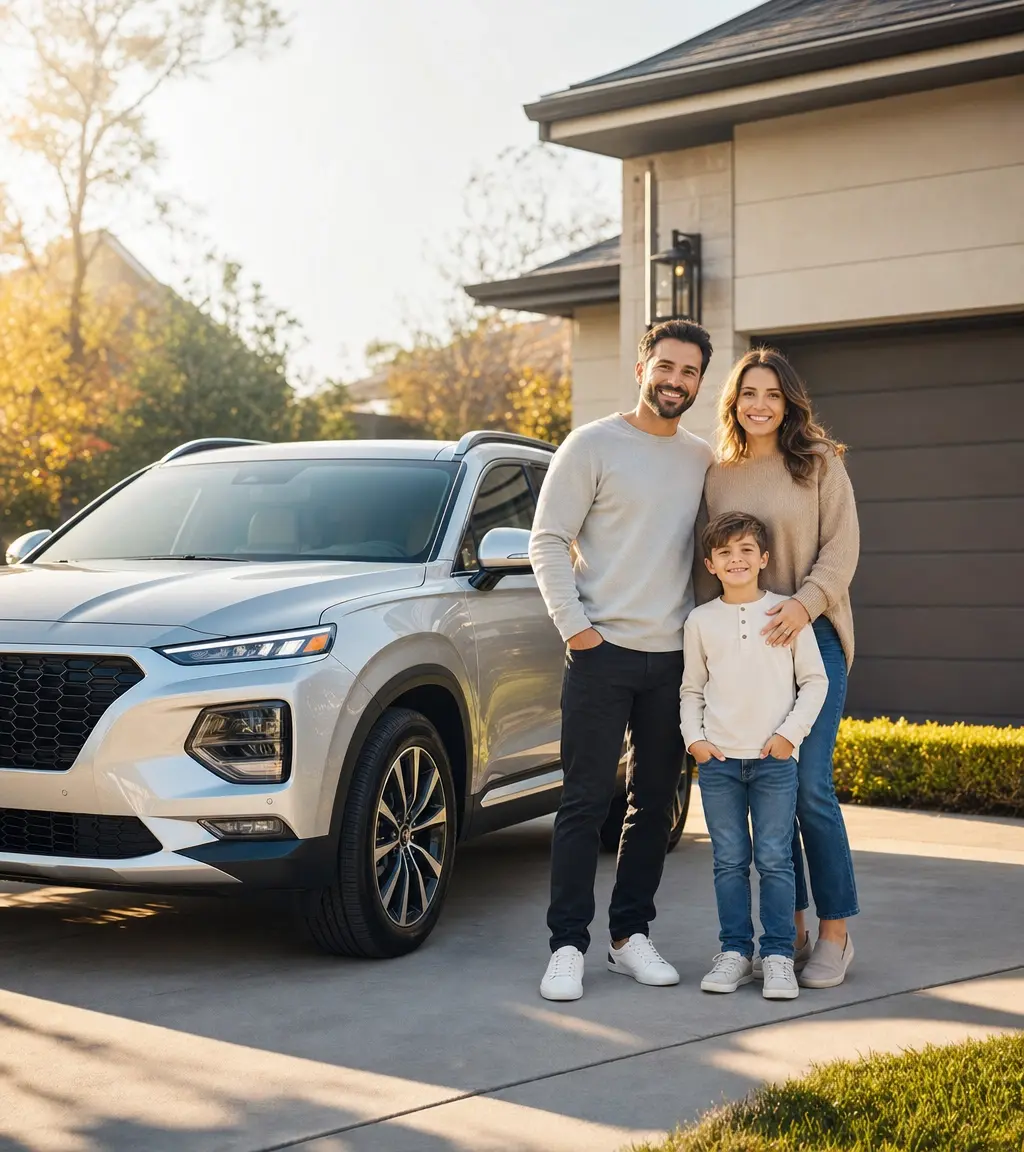 A happy family standing beside their car in the driveway